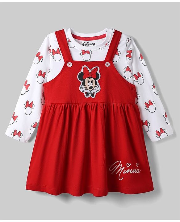 Babyhug Disney Single Jersey Knit Full Sleeves Frock With Inner Tee and Minnie Mouse Graphic - Red & White