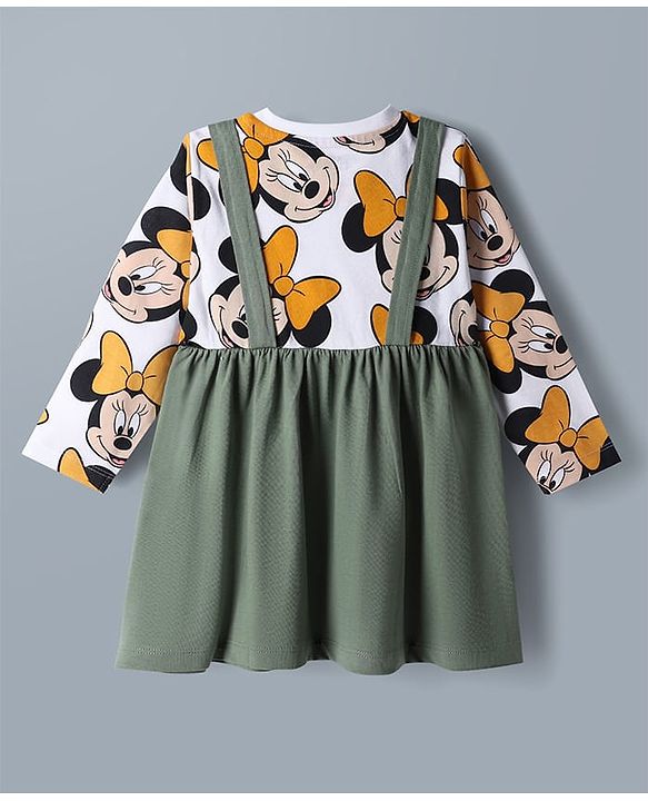 Babyhug Disney Cotton Single Jersey Knit Full Sleeves Minnie Mouse Printed Frock - White & Green