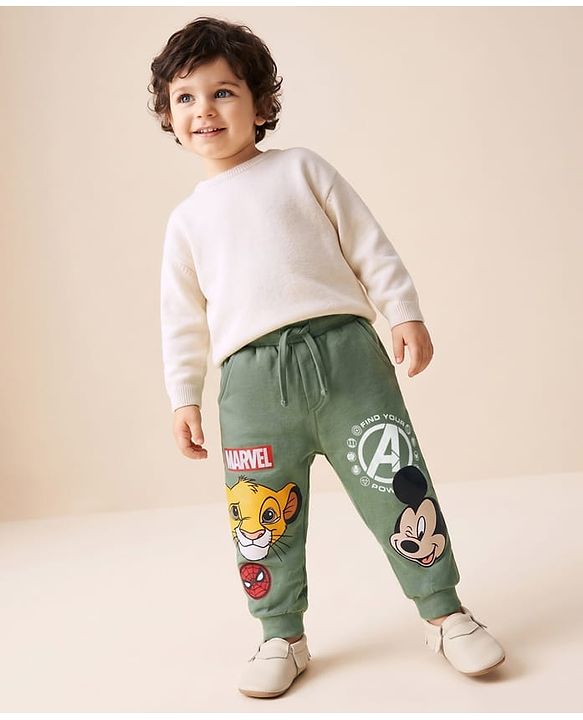 Babyhug Disney Terry Knit Full Length Mickey Mouse & Friends Printed Lounge Pant - Light Green
