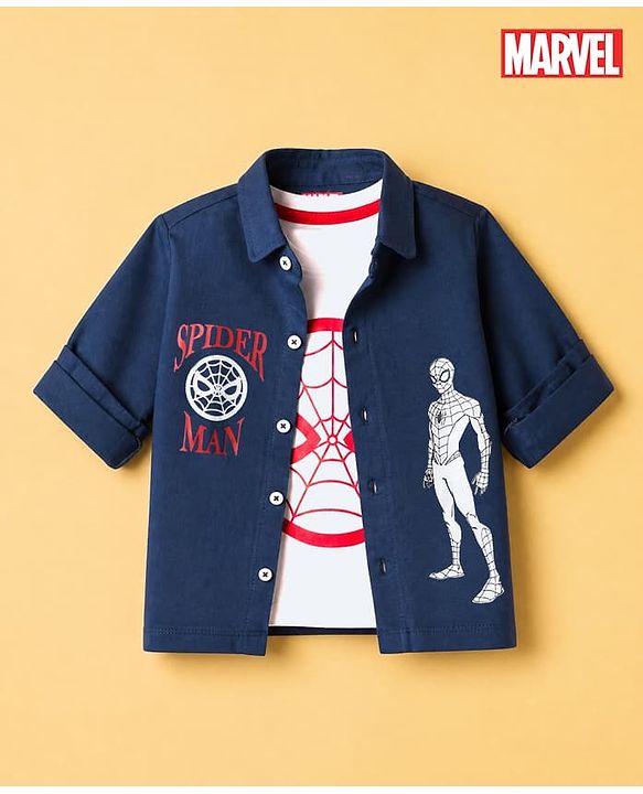 Babyhug Marvel 100% Cotton Single Jersey Knit Shirt and T-shirt With Full Sleeves and Spider-man Print in Navy Blue