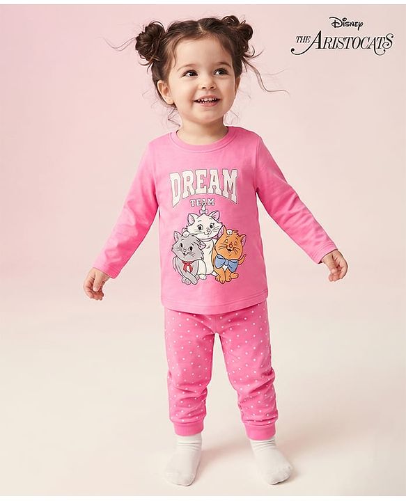 Babyhug Disney Single Jersey Knit Full Sleeves T-shirt & Pyjama Night Suit With Marie Graphic & Polka Dot Print -Pink