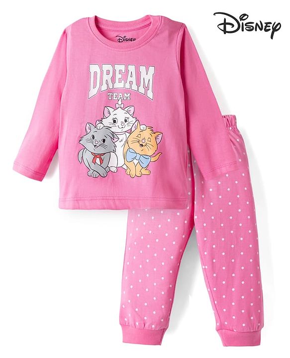 Babyhug Disney Single Jersey Knit Full Sleeves T-shirt & Pyjama Night Suit With Marie Graphic & Polka Dot Print -Pink