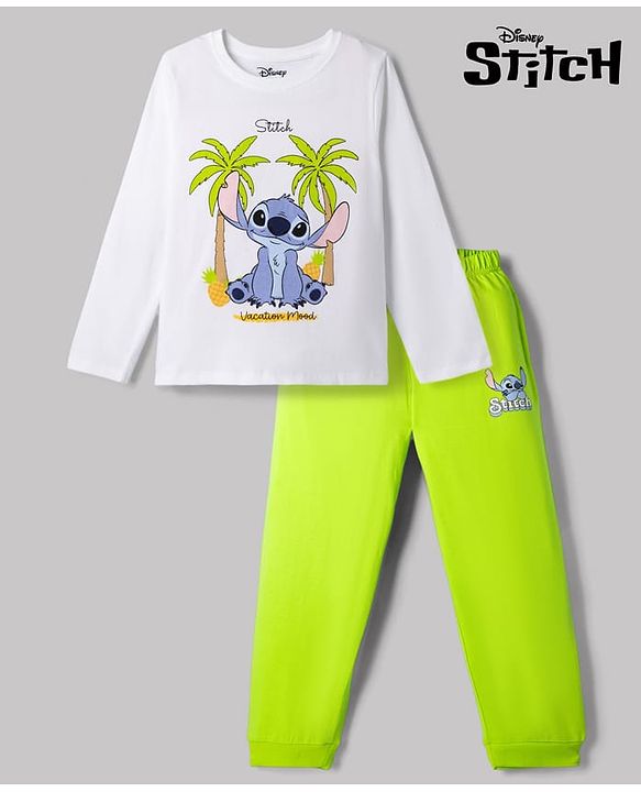 Pine Kids Disney Single Jersey Knit Full Sleeves T-Shirt & Pyjama Night Suit with Stitch Graphics - White