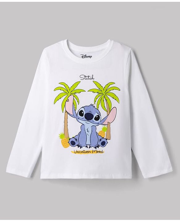 Pine Kids Disney Single Jersey Knit Full Sleeves T-Shirt & Pyjama Night Suit with Stitch Graphics - White