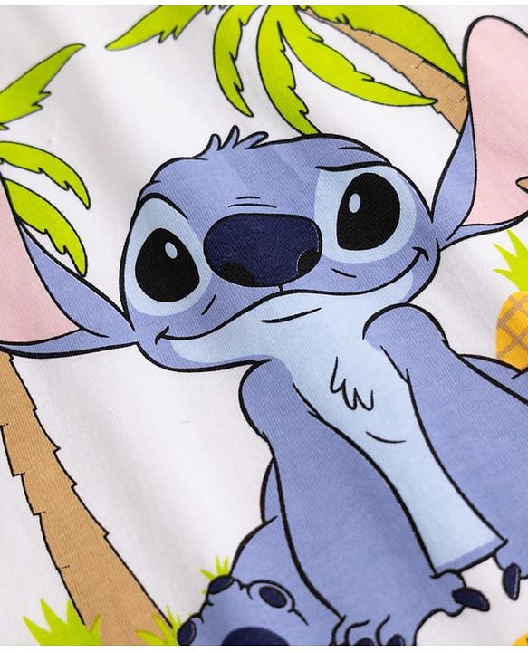 Pine Kids Disney Single Jersey Knit Full Sleeves T-Shirt & Pyjama Night Suit with Stitch Graphics - White