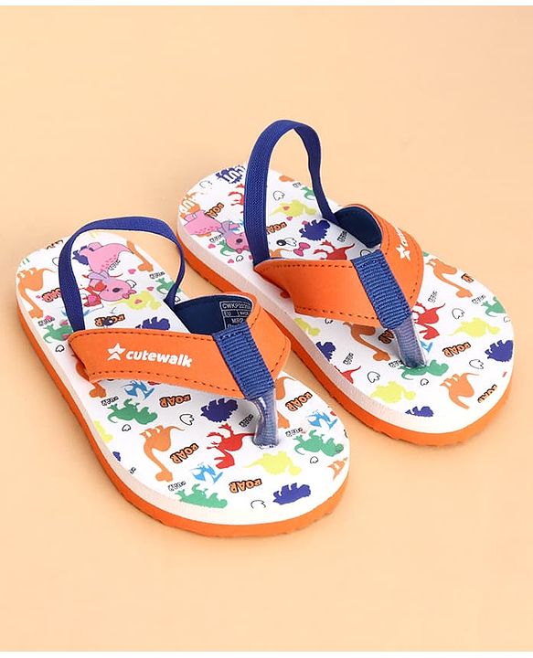 Cute Walk by Babyhug Back Strap Dino Printed Flip Flops - Orange & White