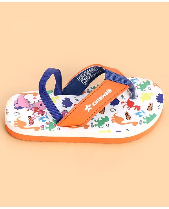 Cute Walk by Babyhug Back Strap Dino Printed Flip Flops - Orange & White