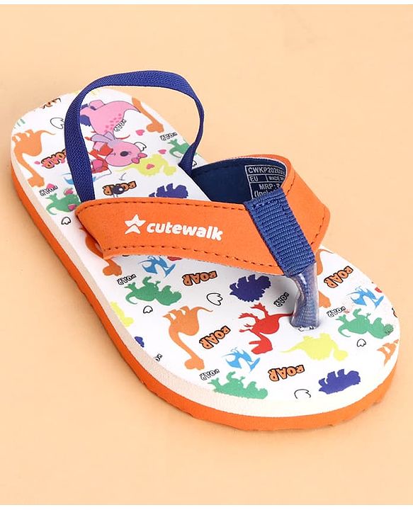 Cute Walk by Babyhug Back Strap Dino Printed Flip Flops - Orange & White