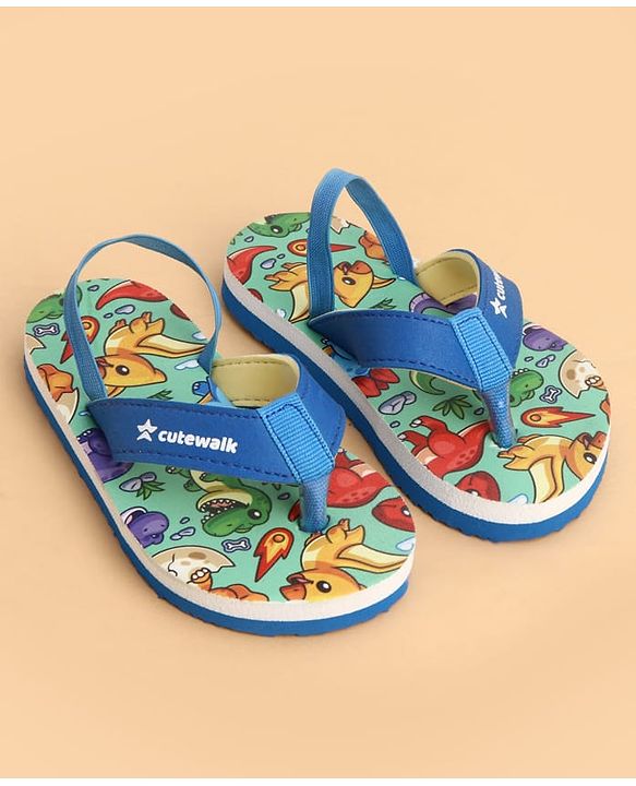 Cute Walk by Babyhug Back Strap Flip Flops With Dino Print - Blue