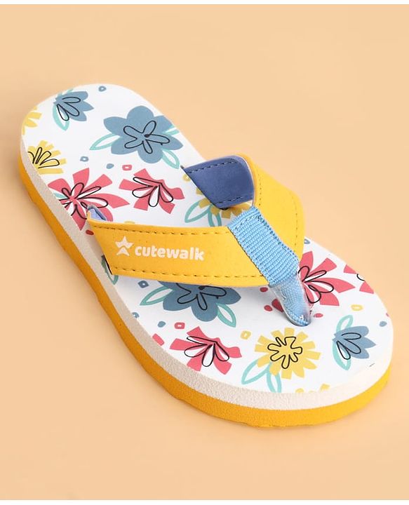 Cute Walk by Babyhug Slip On Flip Flops With Floral Print - Yellow