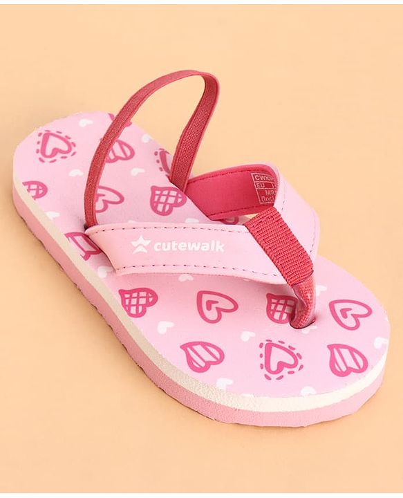 Cute Walk by Babyhug Back Strap Flip Flops With Hearts Print - Pink