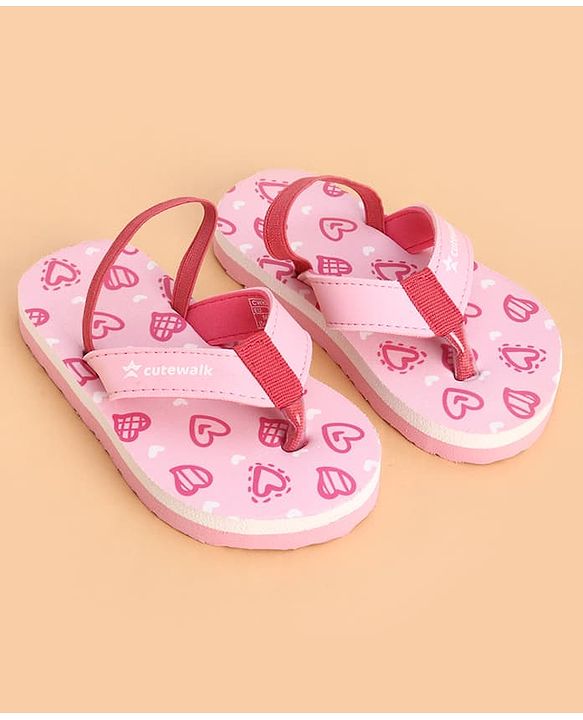 Cute Walk by Babyhug Back Strap Flip Flops With Hearts Print - Pink