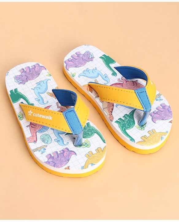 Cute Walk by Babyhug Slip On Dino Printed Flip Flops - Yellow