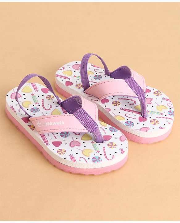 Cute Walk by Babyhug Back Strap Closure Flip Flops With Candy Print - White & Pink