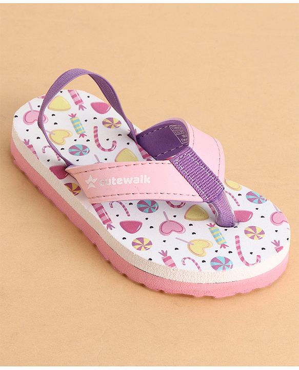 Cute Walk by Babyhug Back Strap Closure Flip Flops With Candy Print - White & Pink