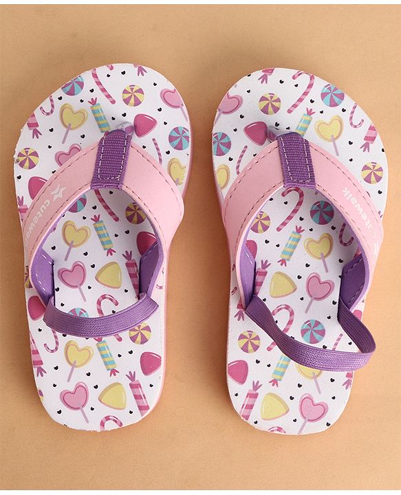 Cute Walk by Babyhug Back Strap Closure Flip Flops With Candy Print - White & Pink