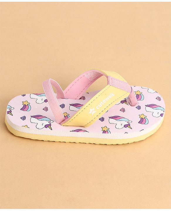 Cute Walk by Babyhug Back Strap Closure Flip Flops With Unicorn Print - Purple & Yellow