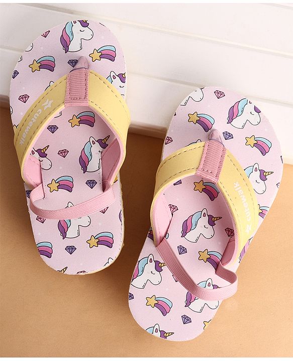 Cute Walk by Babyhug Back Strap Closure Flip Flops With Unicorn Print - Purple & Yellow