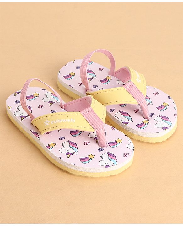 Cute Walk by Babyhug Back Strap Closure Flip Flops With Unicorn Print - Purple & Yellow