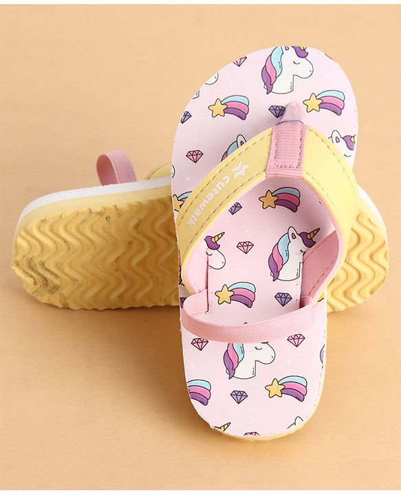 Cute Walk by Babyhug Back Strap Closure Flip Flops With Unicorn Print - Purple & Yellow