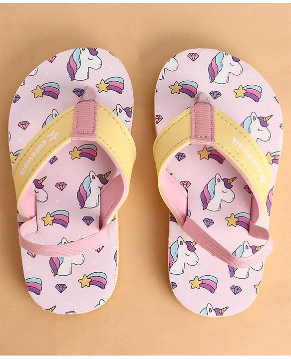 Cute Walk by Babyhug Back Strap Closure Flip Flops With Unicorn Print - Purple & Yellow