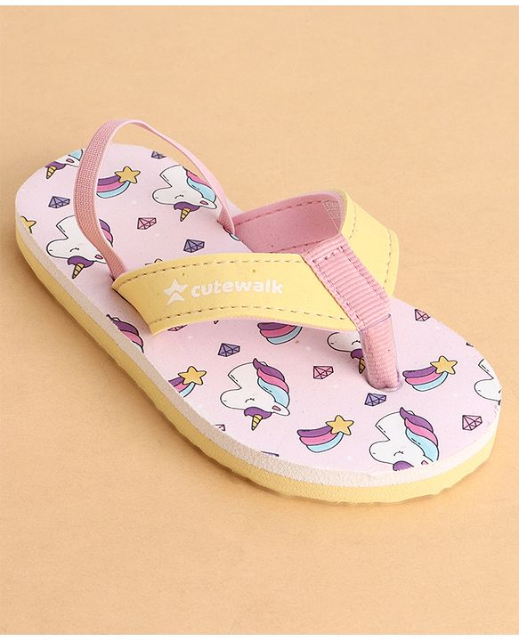 Cute Walk by Babyhug Back Strap Closure Flip Flops With Unicorn Print - Purple & Yellow