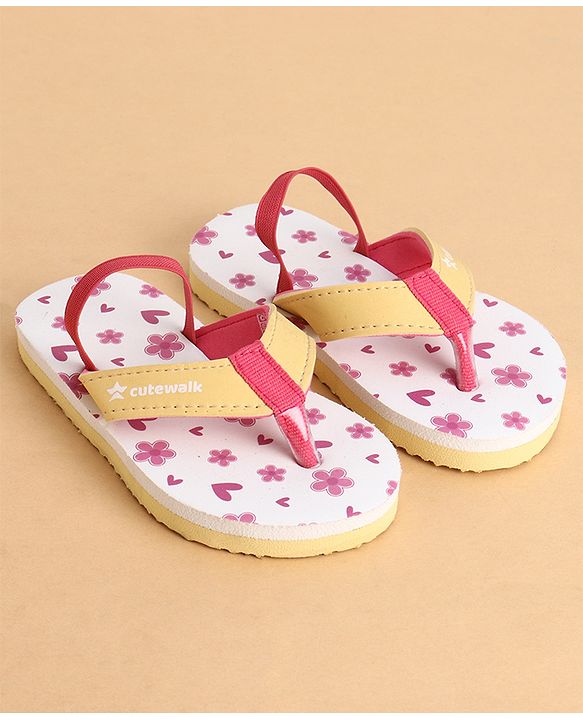 Cute Walk by Babyhug Back Strap Closure Flip Flops With Floral Print - White & Pink