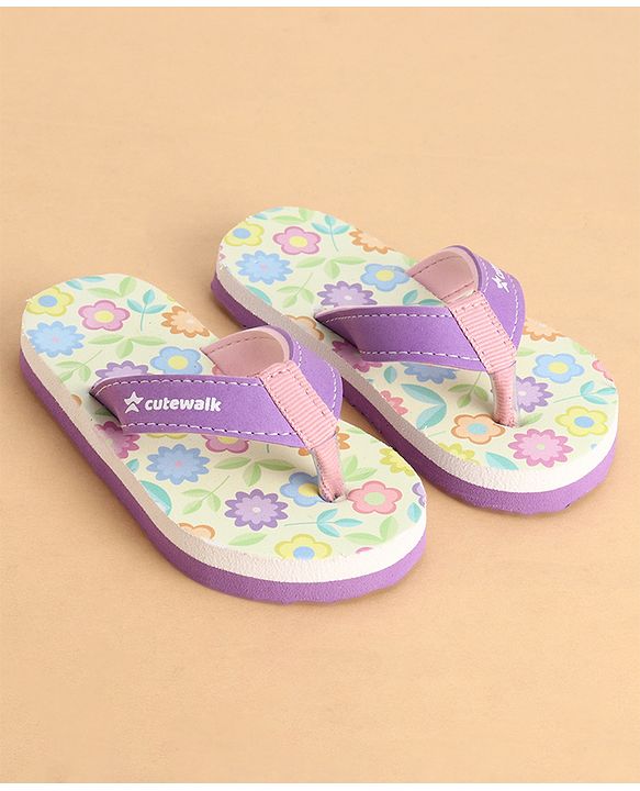 Cute Walk by Babyhug Slip On Closure Flip Flops With Floral Print - Purple & Yellow