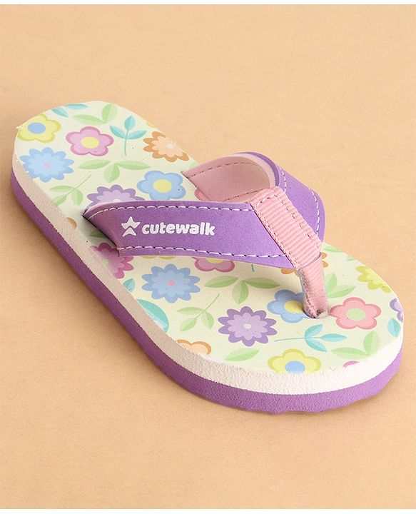 Cute Walk by Babyhug Slip On Closure Flip Flops With Floral Print - Purple & Yellow