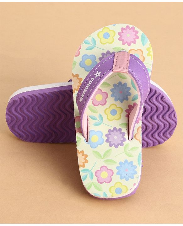 Cute Walk by Babyhug Slip On Closure Flip Flops With Floral Print - Purple & Yellow