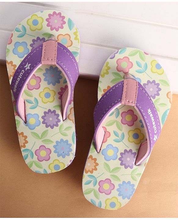 Cute Walk by Babyhug Slip On Closure Flip Flops With Floral Print - Purple & Yellow