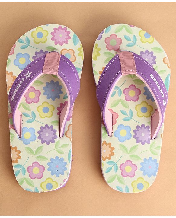 Cute Walk by Babyhug Slip On Closure Flip Flops With Floral Print - Purple & Yellow