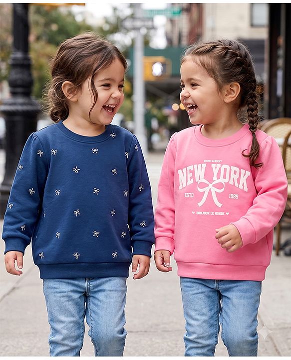 Babyhug Heavy Gauge 100% Cotton Terry Knit Full Sleeves Sweatshirts With Bow & Text Print Pack of 2 - Navy & Pink