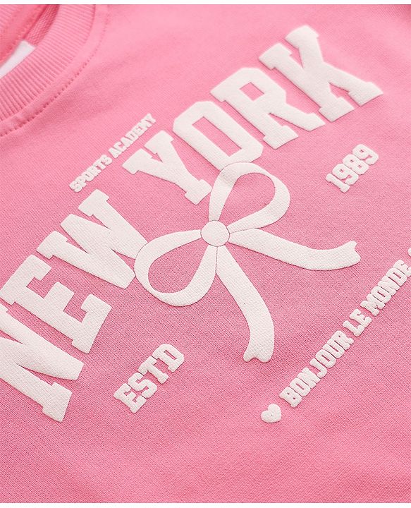 Babyhug Heavy Gauge 100% Cotton Terry Knit Full Sleeves Sweatshirts With Bow & Text Print Pack of 2 - Navy & Pink