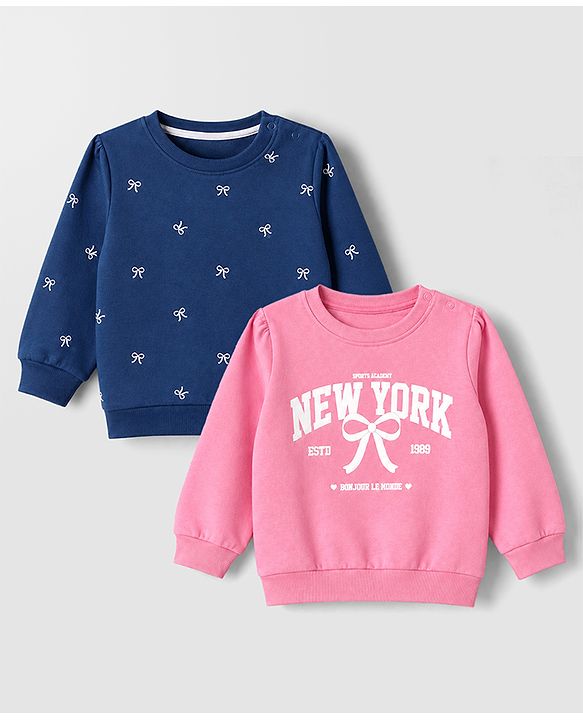 Babyhug Heavy Gauge 100% Cotton Terry Knit Full Sleeves Sweatshirts With Bow & Text Print Pack of 2 - Navy & Pink