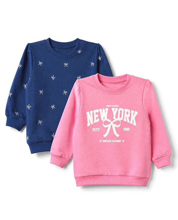 Babyhug Heavy Gauge 100% Cotton Terry Knit Full Sleeves Sweatshirts With Bow & Text Print Pack of 2 - Navy & Pink