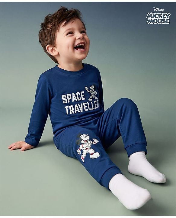Babyhug Disney Single Jersey Knit Full Sleeves T-Shirt & Pyjama Night Suit with Space Theme Glow in the Dark Print - Navy Blue