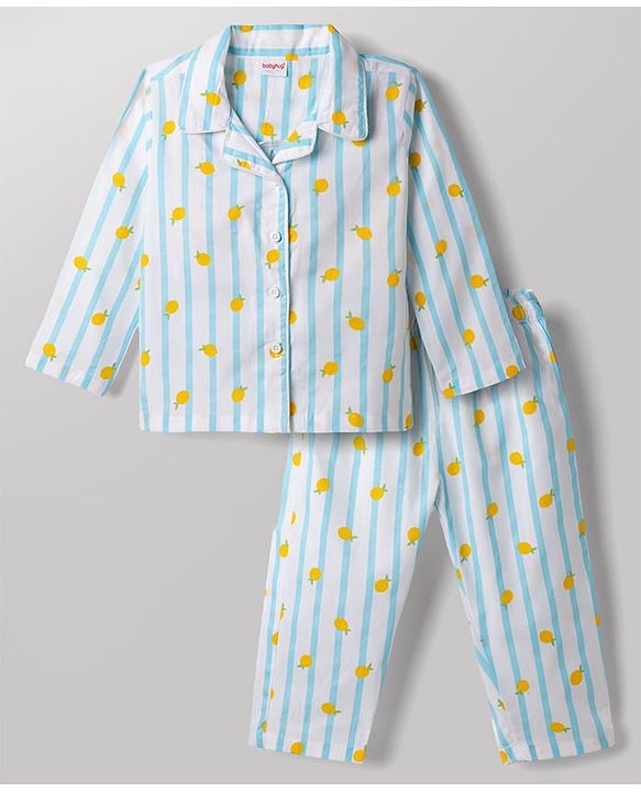 Babyhug 100% Cotton Knit Full Sleeves Striped & Tropical Theme Printed Co-Ords Shirt & Pyjama Night Suit - Light Blue