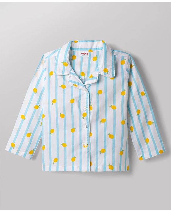 Babyhug 100% Cotton Knit Full Sleeves Striped & Tropical Theme Printed Co-Ords Shirt & Pyjama Night Suit - Light Blue