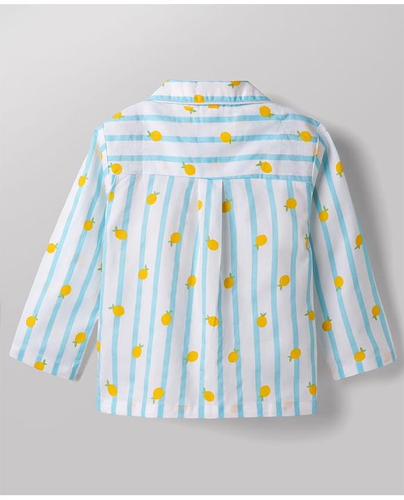 Babyhug 100% Cotton Knit Full Sleeves Striped & Tropical Theme Printed Co-Ords Shirt & Pyjama Night Suit - Light Blue