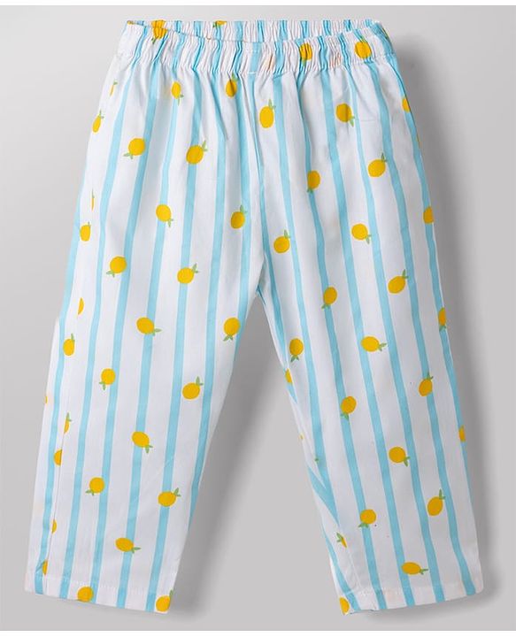 Babyhug 100% Cotton Knit Full Sleeves Striped & Tropical Theme Printed Co-Ords Shirt & Pyjama Night Suit - Light Blue