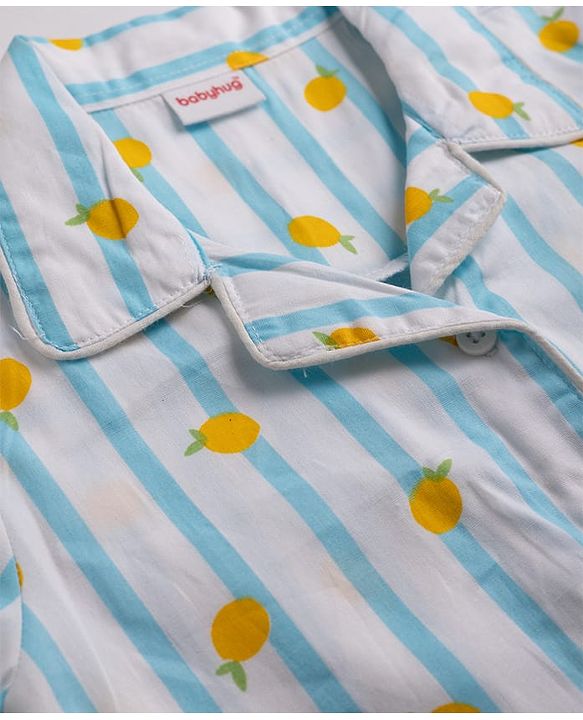 Babyhug 100% Cotton Knit Full Sleeves Striped & Tropical Theme Printed Co-Ords Shirt & Pyjama Night Suit - Light Blue