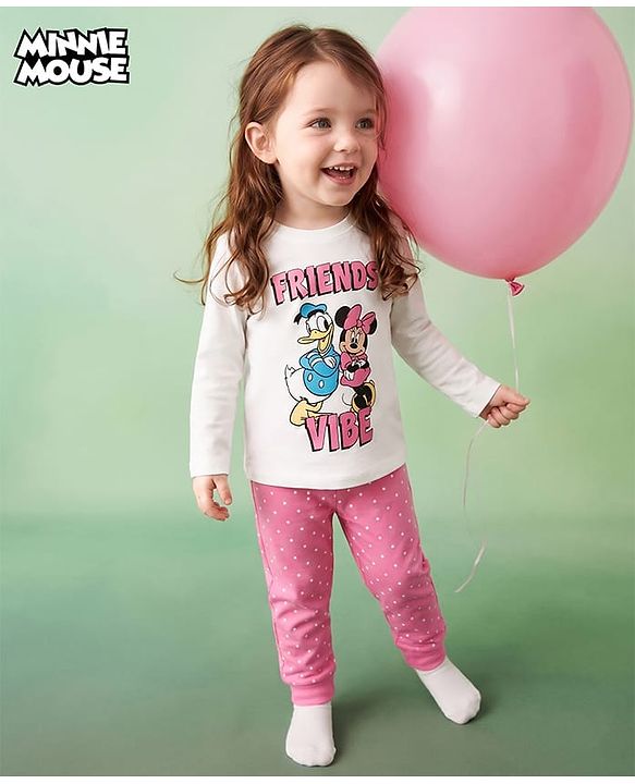 Babyhug Disney Single Jersey Knit Full Sleeves T-shirt & Pyjama Night Suit With Minnie Mouse & Donald Duck Graphic & Polka Dot Print - Pink