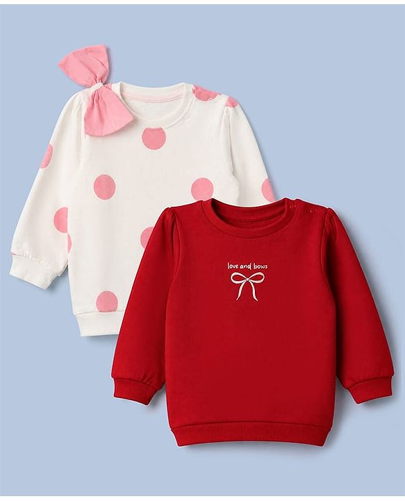 Babyhug Heavy Gauge 100% Cotton Terry Knit Full Sleeves Sweatshirts With Bow, Polka dot & Text Print Pack of 2 - White & Red