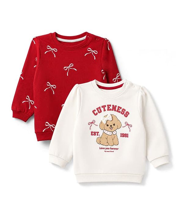 Babyhug Heavy Gauge 100% Cotton Terry Knit Full Sleeves Sweatshirts With Bow & Puppy Print Pack of 2 - Red & Beige