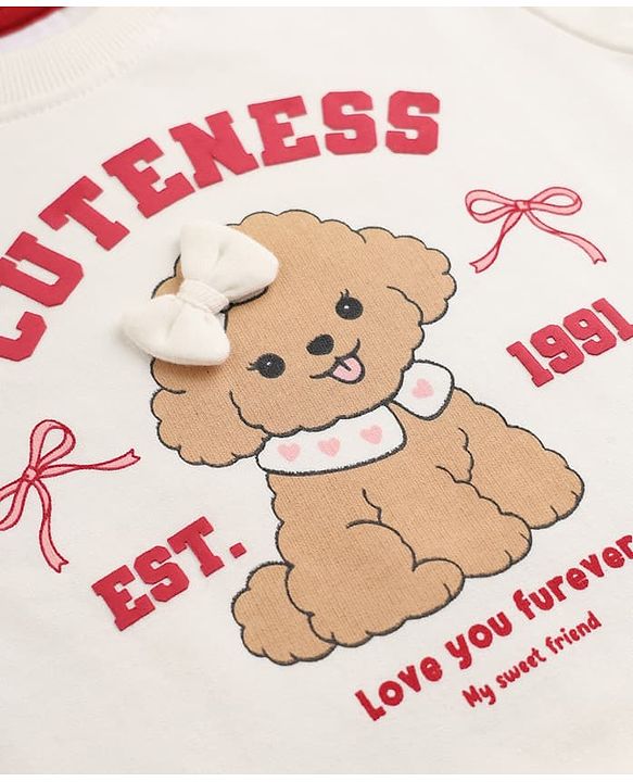 Babyhug Heavy Gauge 100% Cotton Terry Knit Full Sleeves Sweatshirts With Bow & Puppy Print Pack of 2 - Red & Beige