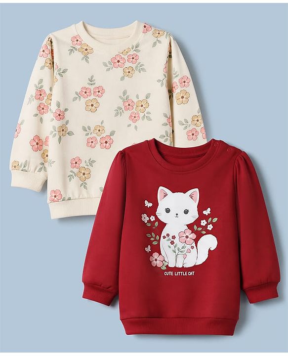 Babyhug Heavy Gauge 100% Cotton Terry Knit Full Sleeves Sweatshirts with Marie & Floral Print Pack of 2 - Red & Cream