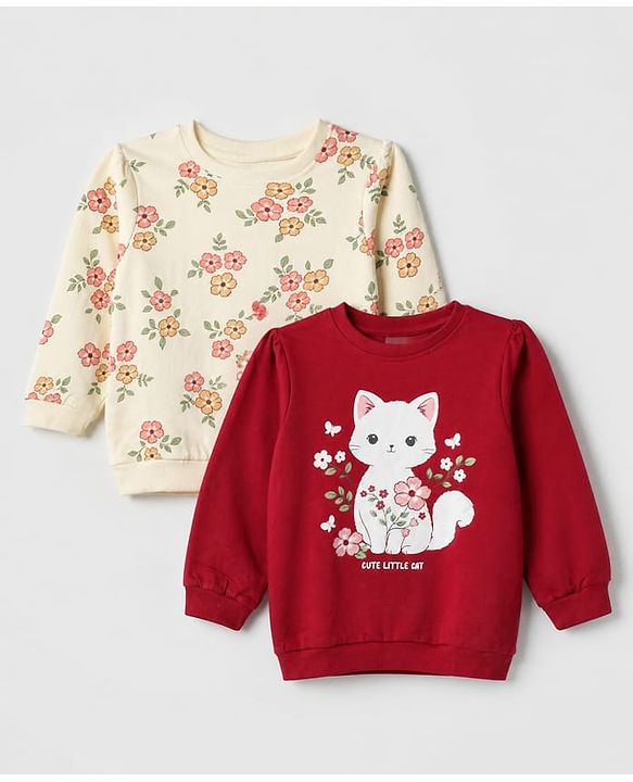 Babyhug Heavy Gauge 100% Cotton Terry Knit Full Sleeves Sweatshirts with Marie & Floral Print Pack of 2 - Red & Cream