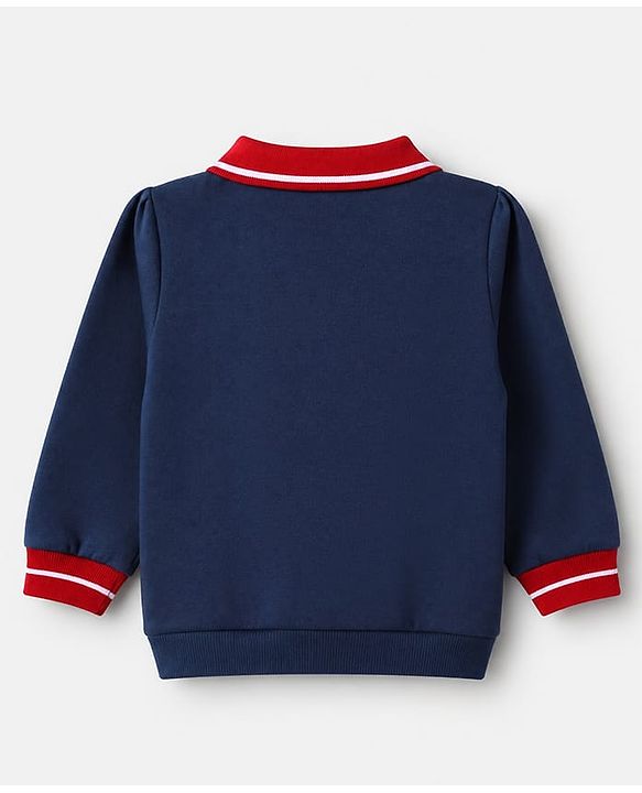 Babyhug 100% Cotton Heavy Gauge Terry Knit Collared Sweatshirt with Full Sleeves and 86 Embroidery with Kangaroo Pockets - Navy Blue