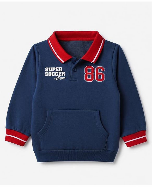 Babyhug 100% Cotton Heavy Gauge Terry Knit Collared Sweatshirt with Full Sleeves and 86 Embroidery with Kangaroo Pockets - Navy Blue